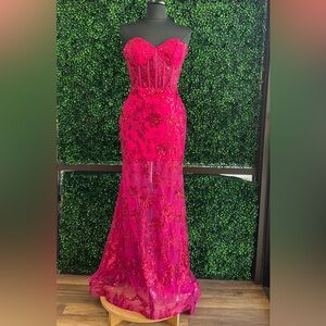 Mori Lee Strapless Fuchsia Embellished Dress